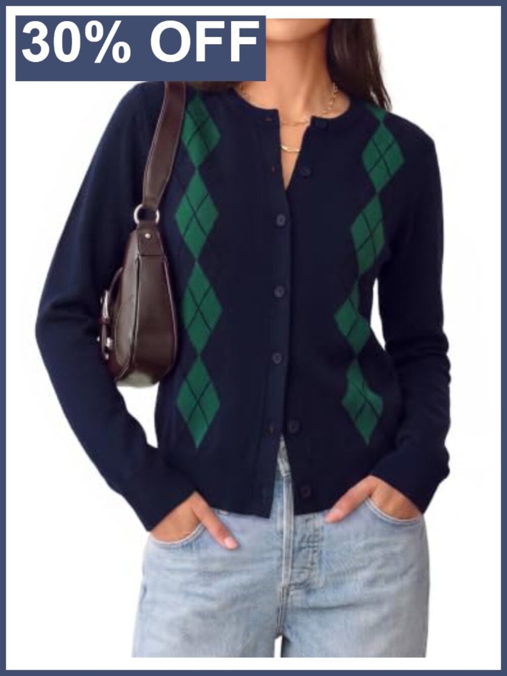 Argyle Cardigan Button Up Crewneck Knit Sweater for Women Teacher Outfit